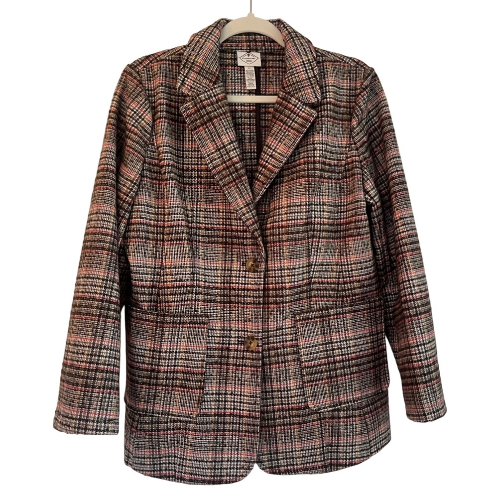 St John's Bay Retro Brown Plaid Wool Blend Preppy Academia Blazer Jacket Size PL